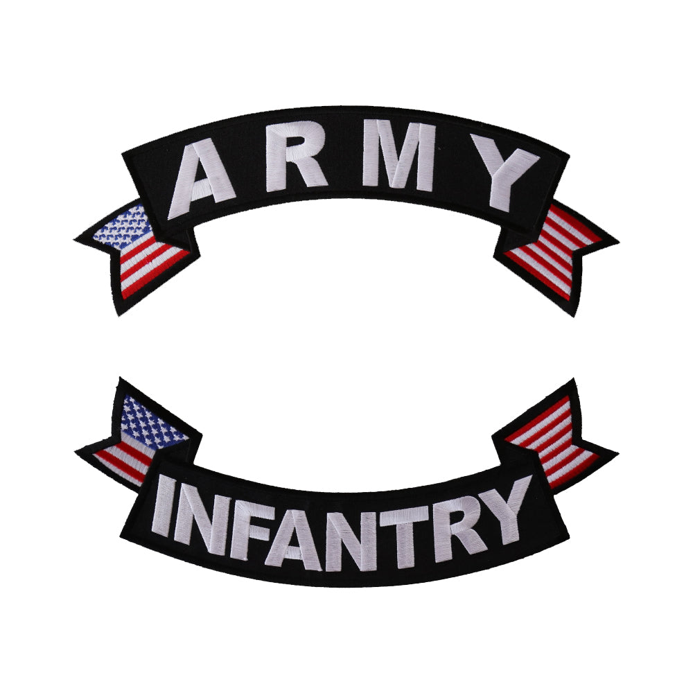 Rocker Patch Set (Top and Bottom), Embroidered Motorcycle Patches (Iron-On or Sew-On), Army Infantry, Military Veteran, 11" x 4" Each