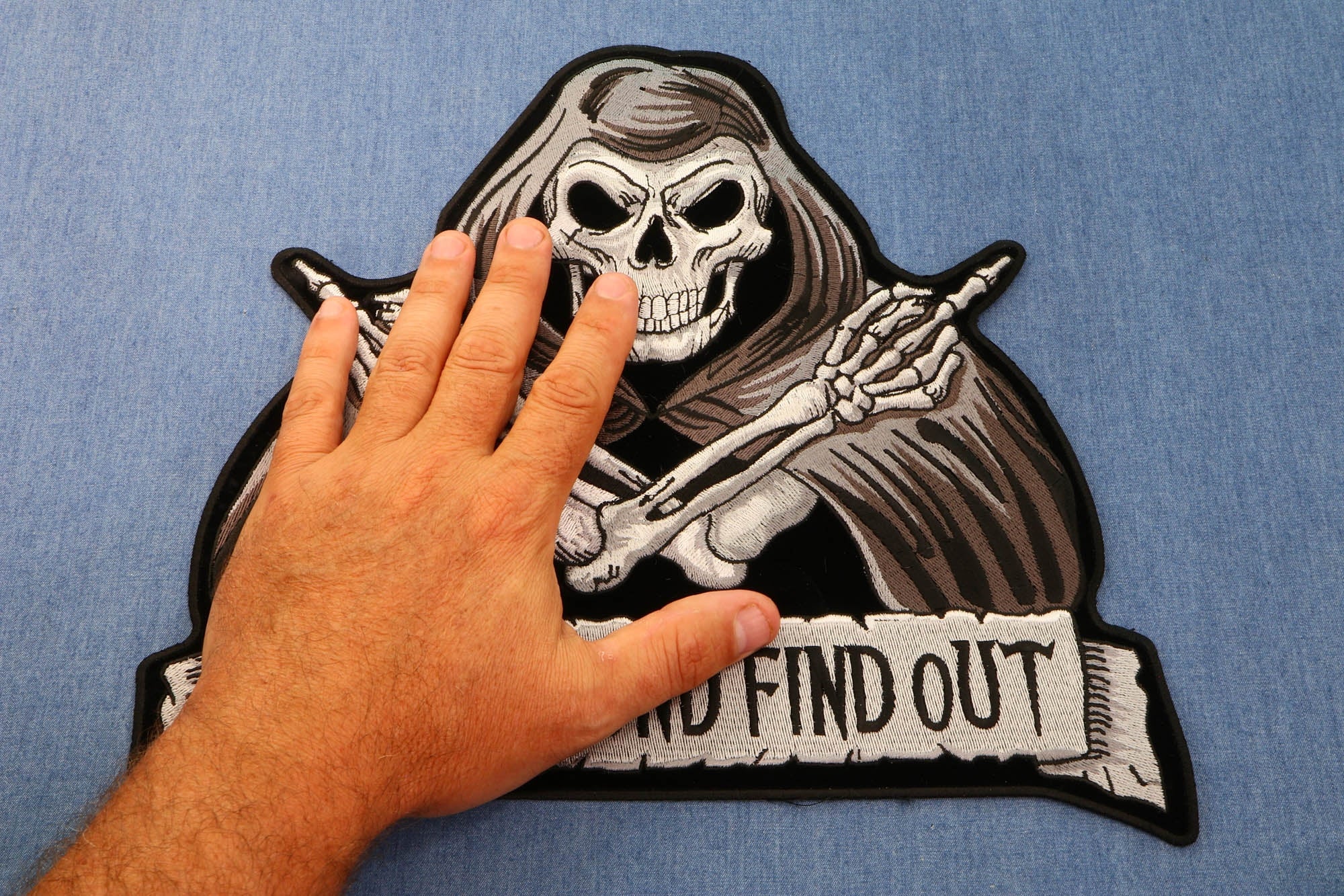 Large Back Patch, Embroidered Patch (Iron-On or Sew-On), Skull Reaper Fuck Around Find Out Large Back Patch, 11" x 11.3"