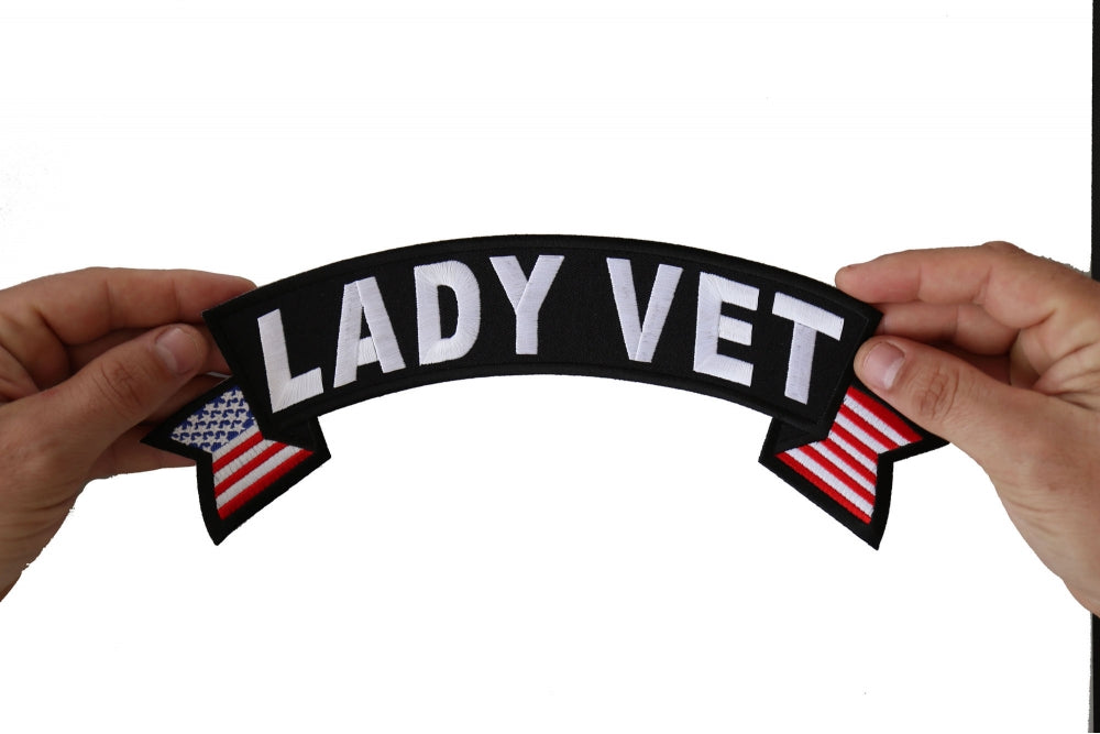 Patch, Embroidered Patch (Iron-On or Sew-On), Large Top Rocker Back Patch, Lady Vet With Flags (Military), 11" x 4.5"