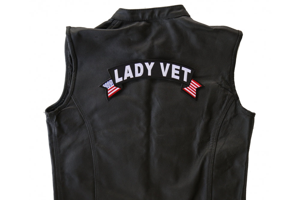 Patch, Embroidered Patch (Iron-On or Sew-On), Large Top Rocker Back Patch, Lady Vet With Flags (Military), 11" x 4.5"