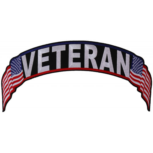 Patch, Embroidered Patch (Iron-On or Sew-On), Large Top Rocker Back Patch, Veteran With United States Flags (Military), 12
