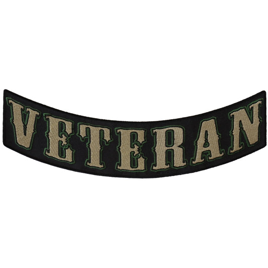 Patch, Embroidered Patch (Iron-On or Sew-On), Large Bottom Rocker Back Patch, Veteran Black/Tan/Green Trim (Military), 12