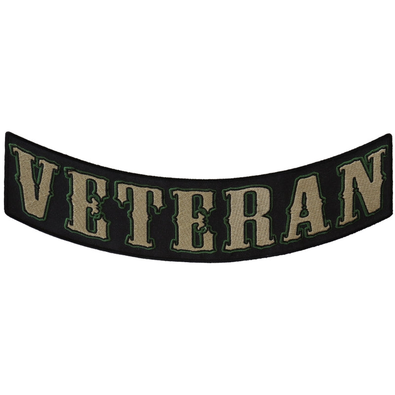 Patch, Embroidered Patch (Iron-On or Sew-On), Large Bottom Rocker Back Patch, Veteran Black/Tan/Green Trim (Military), 12" x 4"