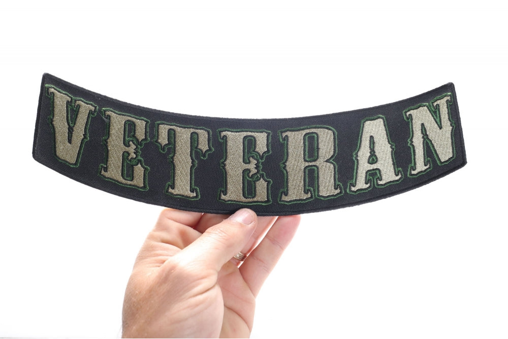 Patch, Embroidered Patch (Iron-On or Sew-On), Large Bottom Rocker Back Patch, Veteran Black/Tan/Green Trim (Military), 12" x 4"