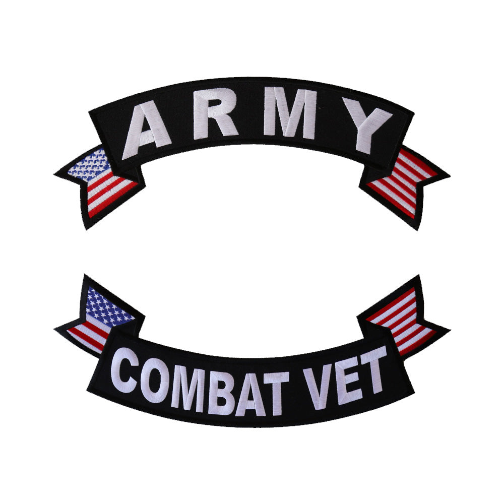 Rocker Patch Set (Top and Bottom), Embroidered Motorcycle Patches (Iron-On or Sew-On), Army Combat Vet, Military Veteran, 11" x 4" Each