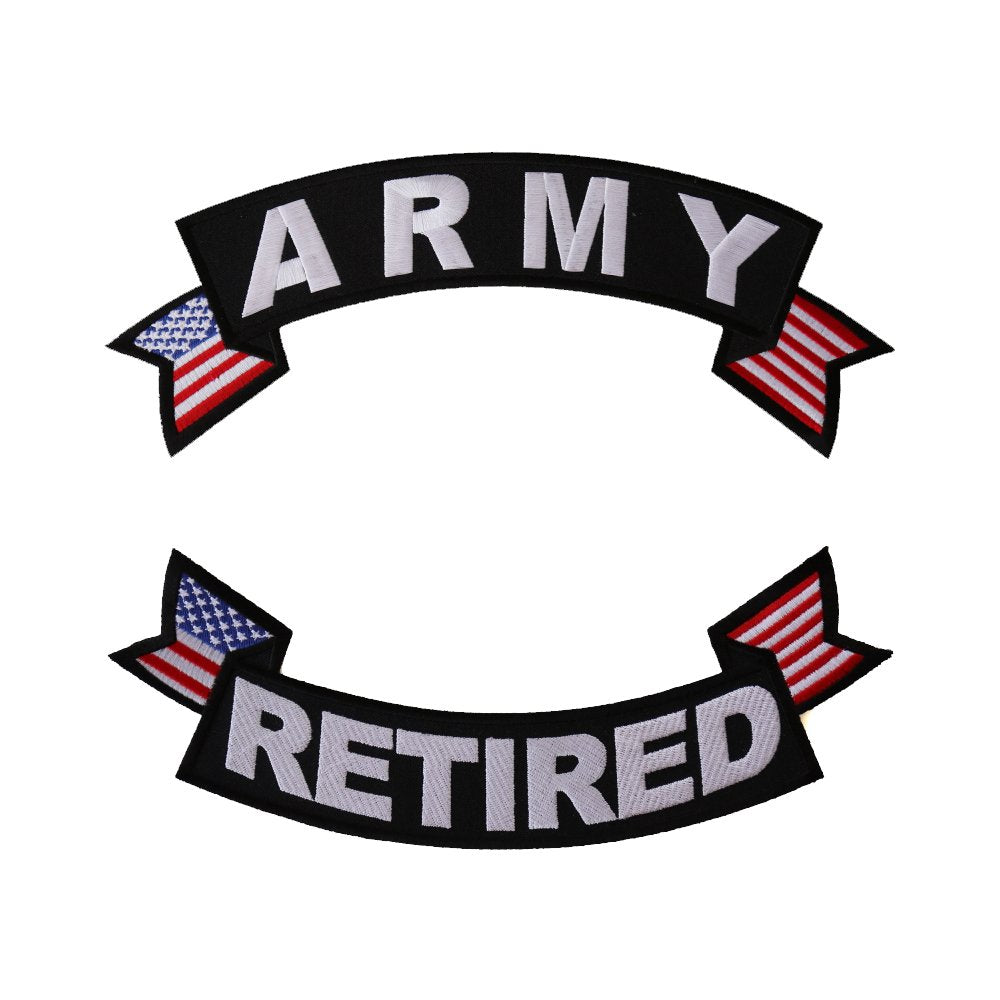 Rocker Patch Set (Top and Bottom), Embroidered Motorcycle Patches (Iron-On or Sew-On), Army Retired, Military Veteran, 11" x 4" Each