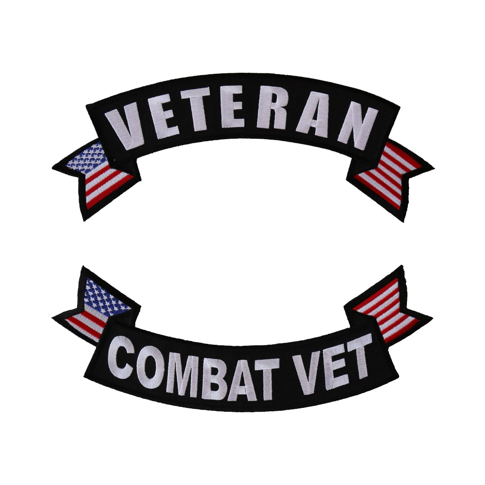 Rocker Patch Set (Top and Bottom), Embroidered Motorcycle Patches (Iron-On or Sew-On), Veteran Combat Vet, Military Veteran, 11" x 4" Each