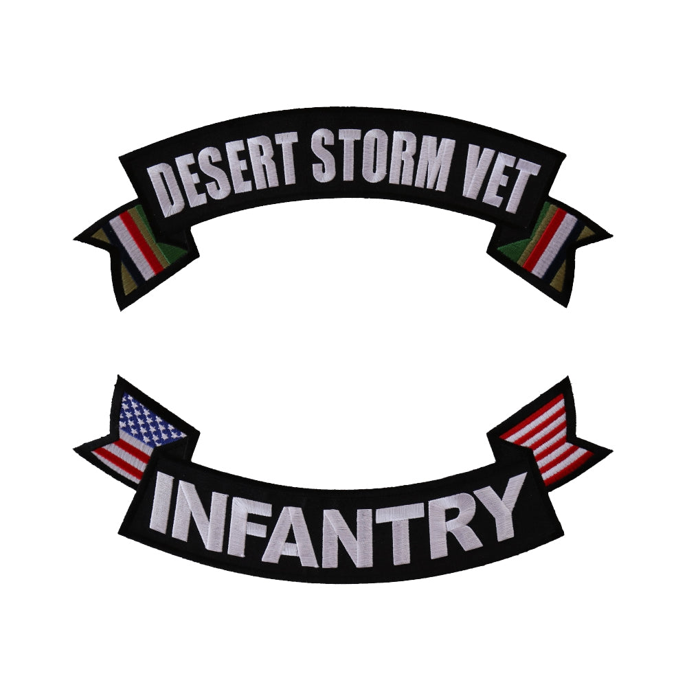 Rocker Patch Set (Top and Bottom), Embroidered Motorcycle Patches (Iron-On or Sew-On), Operation Desert Storm Vet Infantry, Military Veteran, 11" x 4" Each