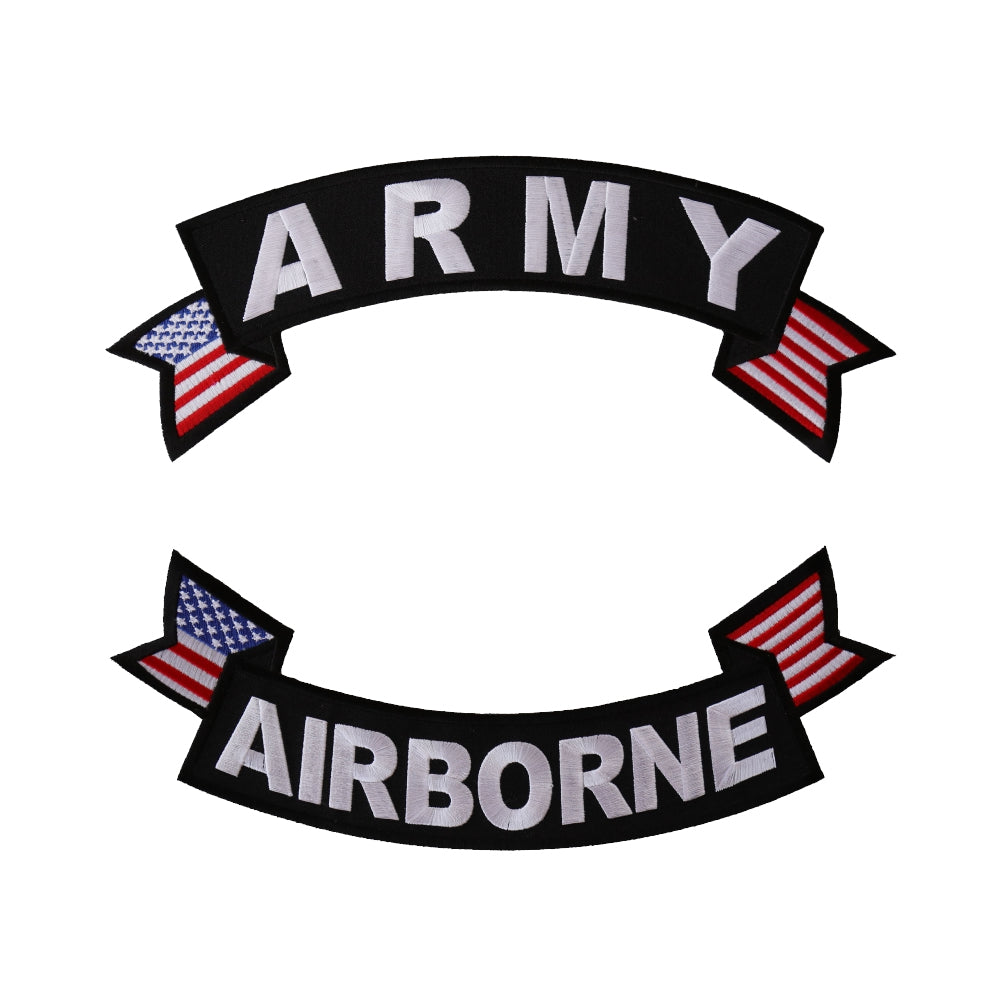 Rocker Patch Set (Top and Bottom), Embroidered Motorcycle Patches (Iron-On or Sew-On), Army Airborne, Military Vet, 11" x 4" Each