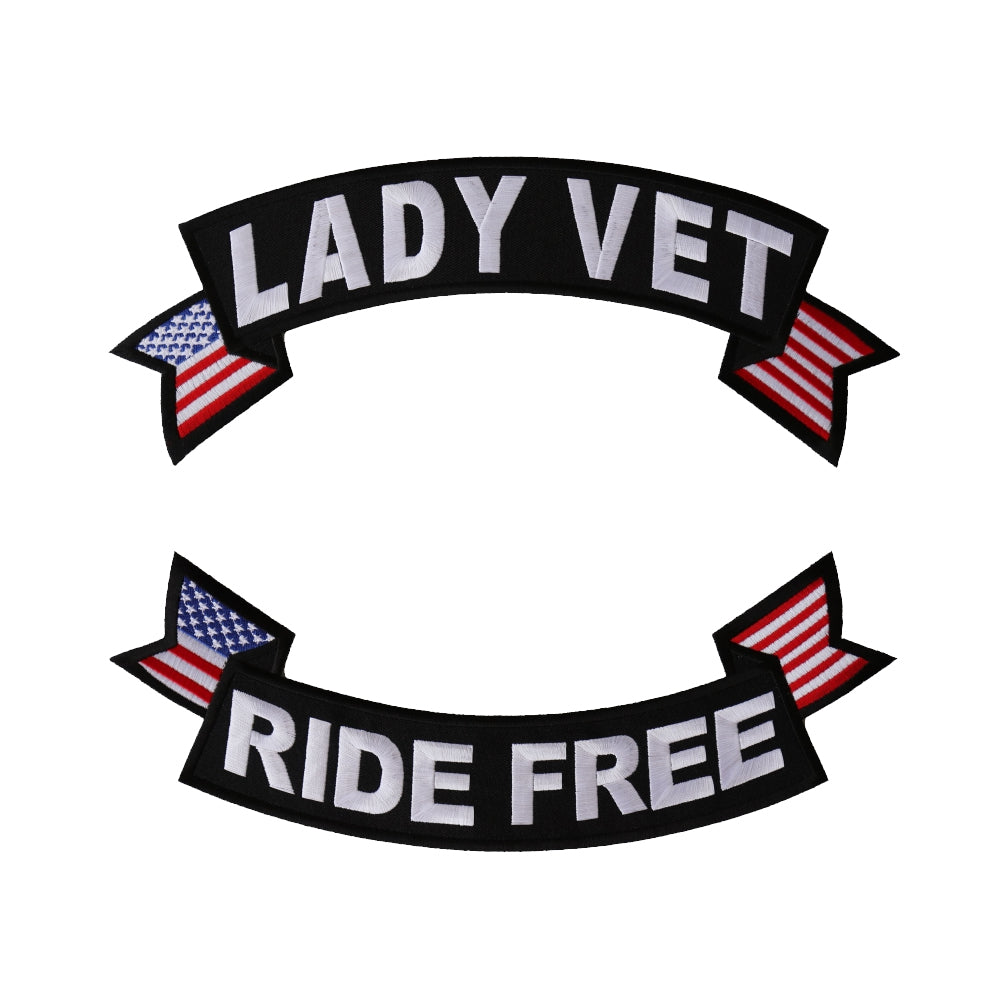 Rocker Patch Set (Top and Bottom), Embroidered Motorcycle Patches (Iron-On or Sew-On), Lady Vet Ride Free, Military Veteran, 11" x 4" Each