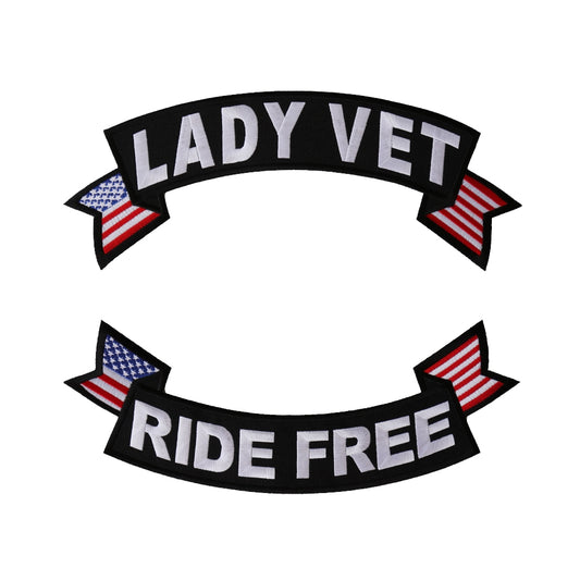 Rocker Patch Set (Top and Bottom), Embroidered Motorcycle Patches (Iron-On or Sew-On), Lady Vet Ride Free, Military Veteran, 11