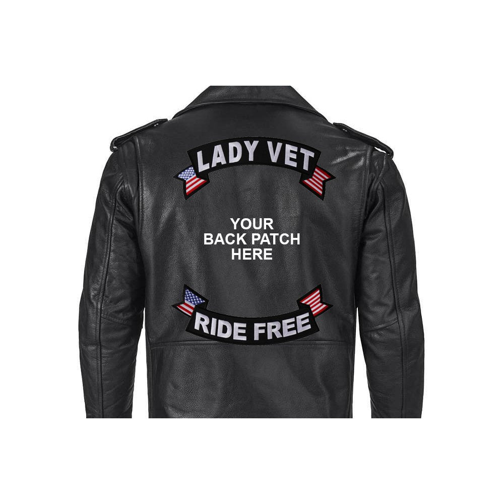 Rocker Patch Set (Top and Bottom), Embroidered Motorcycle Patches (Iron-On or Sew-On), Lady Vet Ride Free, Military Veteran, 11" x 4" Each