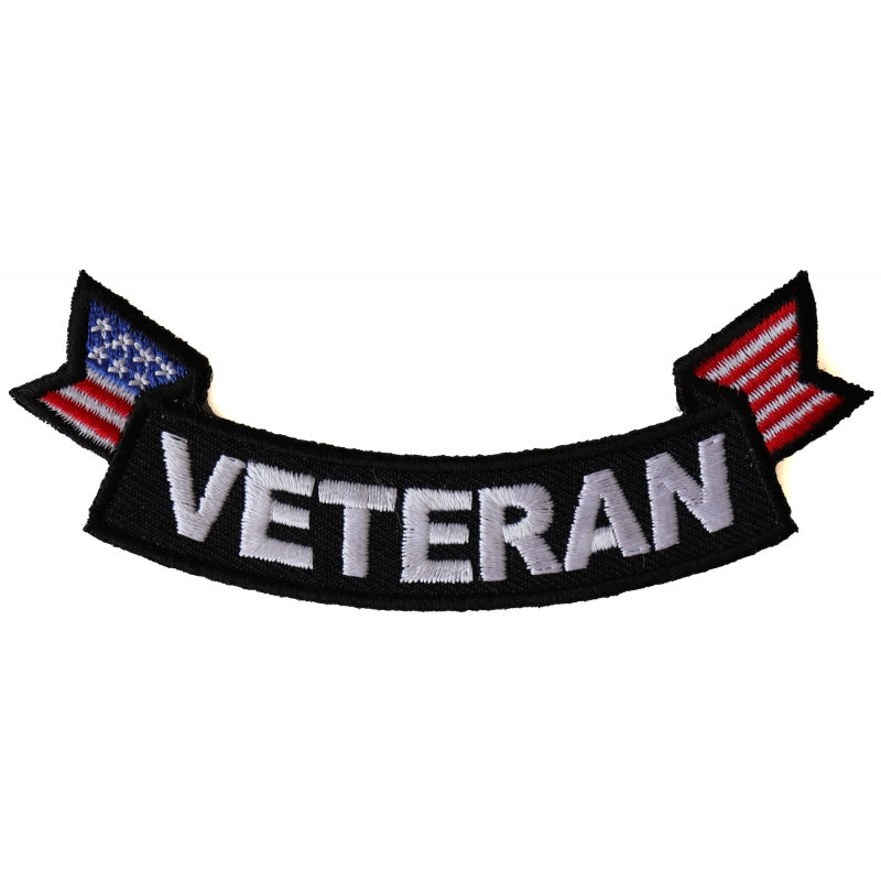 Patch, Small Embroidered Rocker (Iron-On or Sew-On), Veteran United States Flag Military, 4" x 1.5" Arch