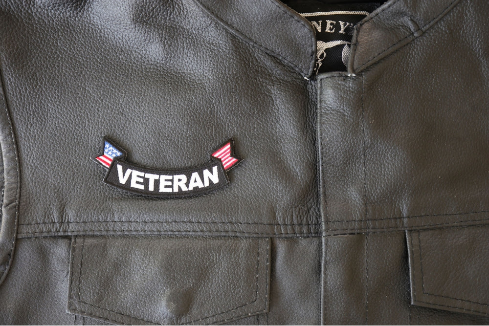 Patch, Small Embroidered Rocker (Iron-On or Sew-On), Veteran United States Flag Military, 4" x 1.5" Arch