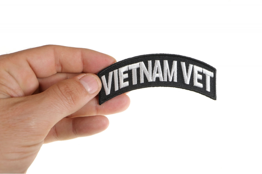 Patch, Small Embroidered Rocker (Iron-On or Sew-On), Vietnam Military Vet White on Black, 3.75" x 1.5" Arch