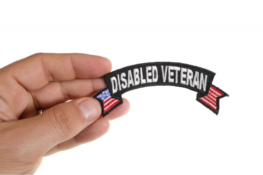 Patch, Small Embroidered Rocker (Iron-On or Sew-On), Disabled Military Veteran United States Flag, 4" x 1.5" Arch