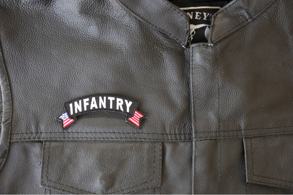 Patch, Small Embroidered Rocker (Iron-On or Sew-On), Infantry Military Vet United States Flag, 4" x 1.5" Arch