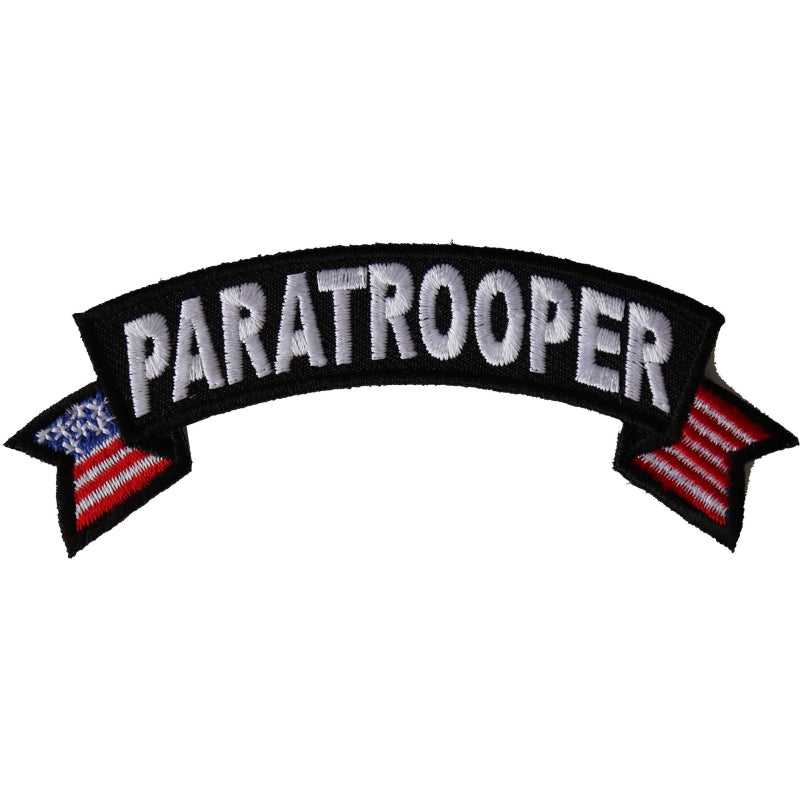 Patch, Small Embroidered Rocker (Iron-On or Sew-On), Paratrooper Military Vet United States Flag, 4" x 1.5" Arch