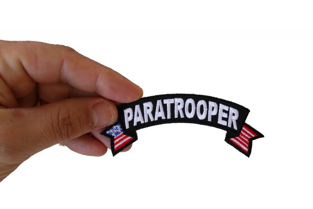 Patch, Small Embroidered Rocker (Iron-On or Sew-On), Paratrooper Military Vet United States Flag, 4" x 1.5" Arch