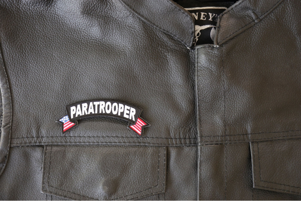 Patch, Small Embroidered Rocker (Iron-On or Sew-On), Paratrooper Military Vet United States Flag, 4" x 1.5" Arch