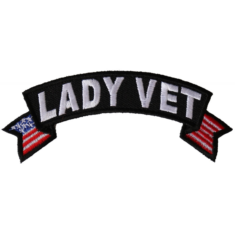 Patch, Small Embroidered Rocker (Iron-On or Sew-On), Lady Military Veteran United States Flag, 4" x 1.5" Arch