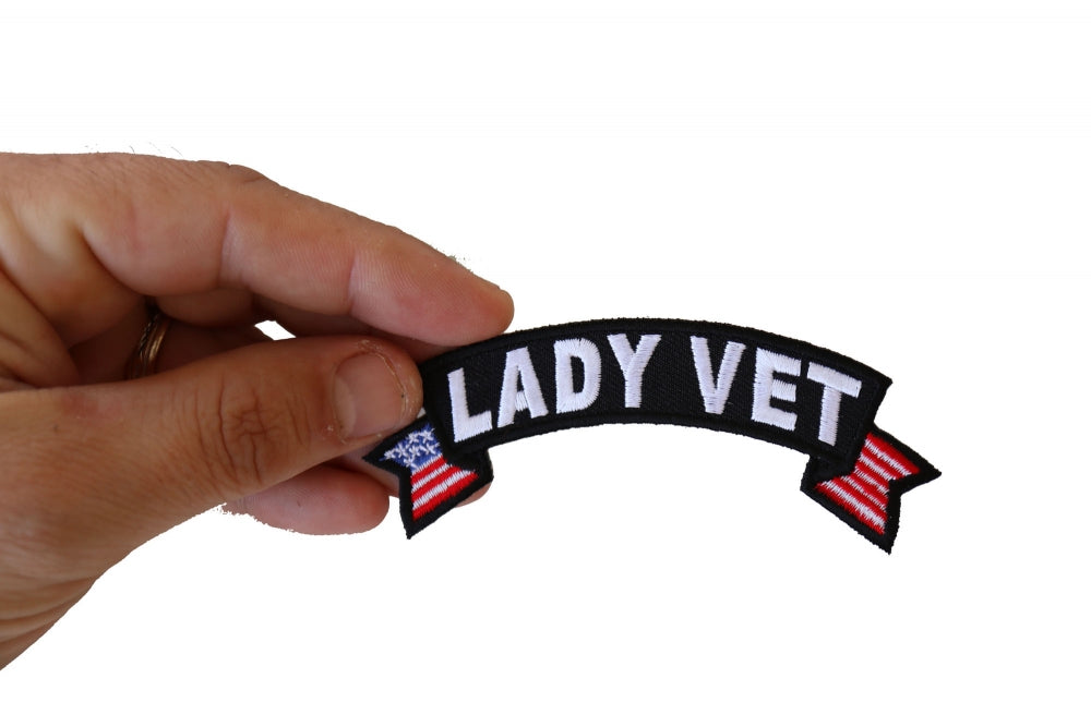 Patch, Small Embroidered Rocker (Iron-On or Sew-On), Lady Military Veteran United States Flag, 4" x 1.5" Arch