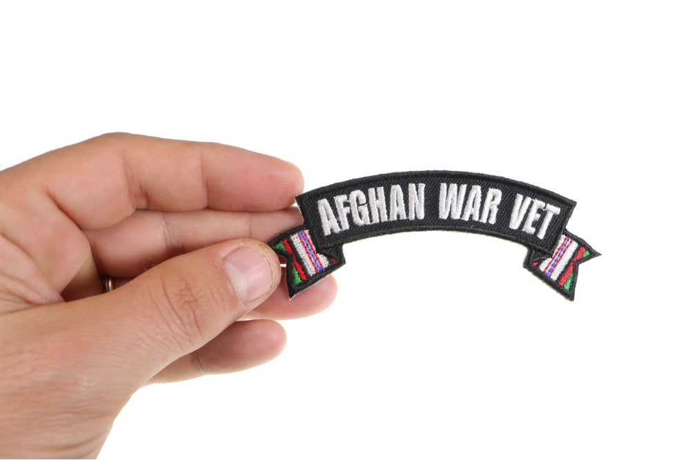 Patch, Small Embroidered Rocker (Iron-On or Sew-On), Afghanistan War Vet Service Ribbon Campaign Flags, 4" x 1.5" Arch