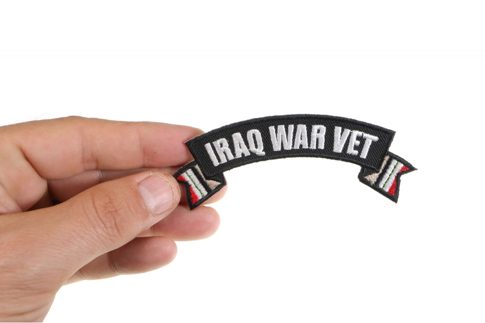 Patch, Small Embroidered Rocker (Iron-On or Sew-On), Iraq War Vet Service Ribbon Campaign Flags, 4" x 1.5" Arch