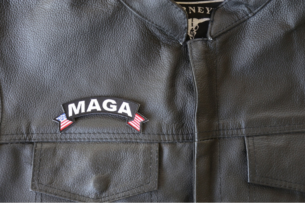 Patch, Small Embroidered Rocker (Iron-On or Sew-On), MAGA Trump 2024 Make America Great Again United States Flags, 4" x 1.5" Arch