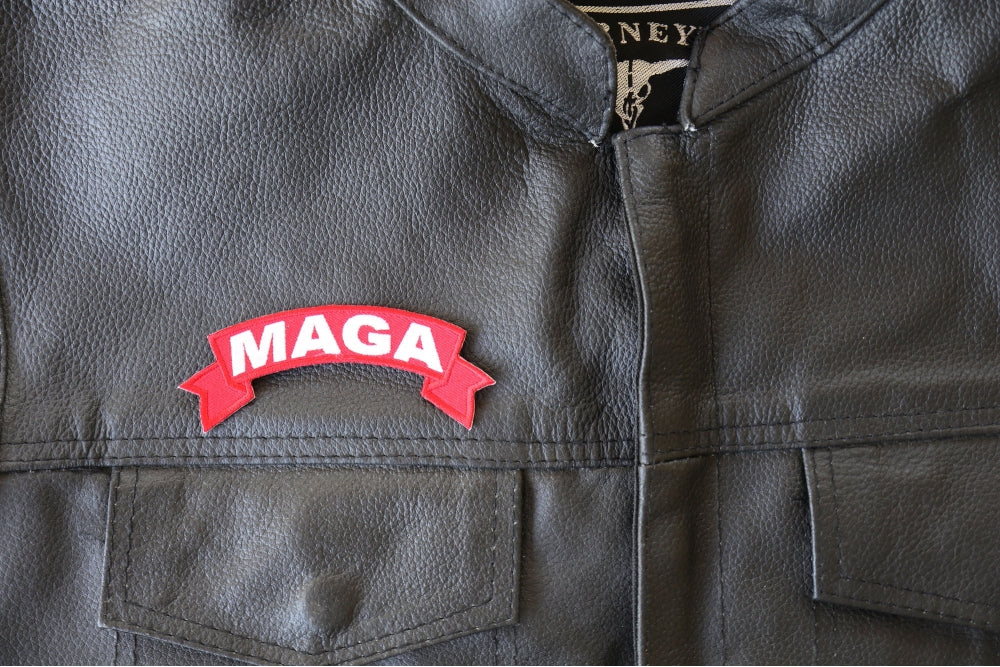 Patch, Small Embroidered Rocker (Iron-On or Sew-On), MAGA Trump 2024 Make America Great Again White on Red, 4" x 1.5" Arch