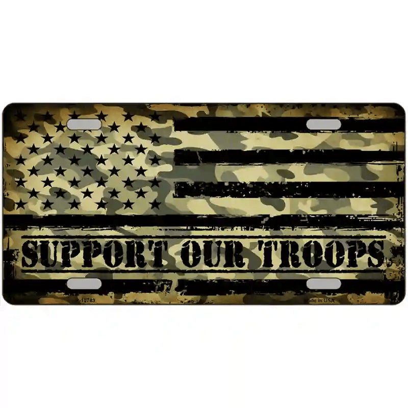 License Plate, Metal Vanity Tag Cover, Camo America Flag Support Troops Novelty 12"x6"