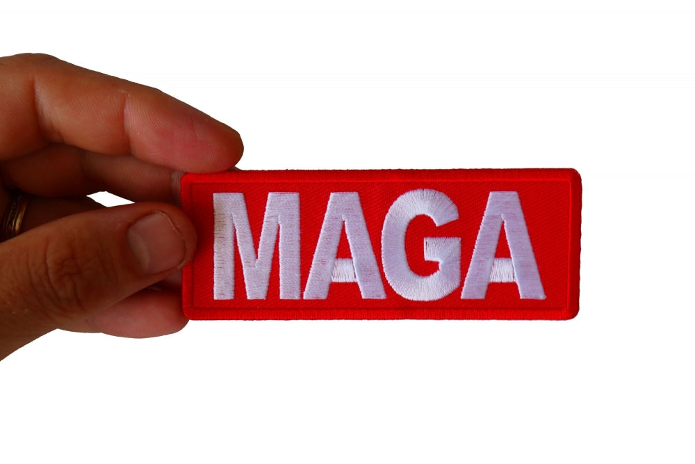 Patch, Embroidered Patch (Iron-On or Sew-On), MAGA Trump Make America Great Again (White On Red), 4" x 1.5"