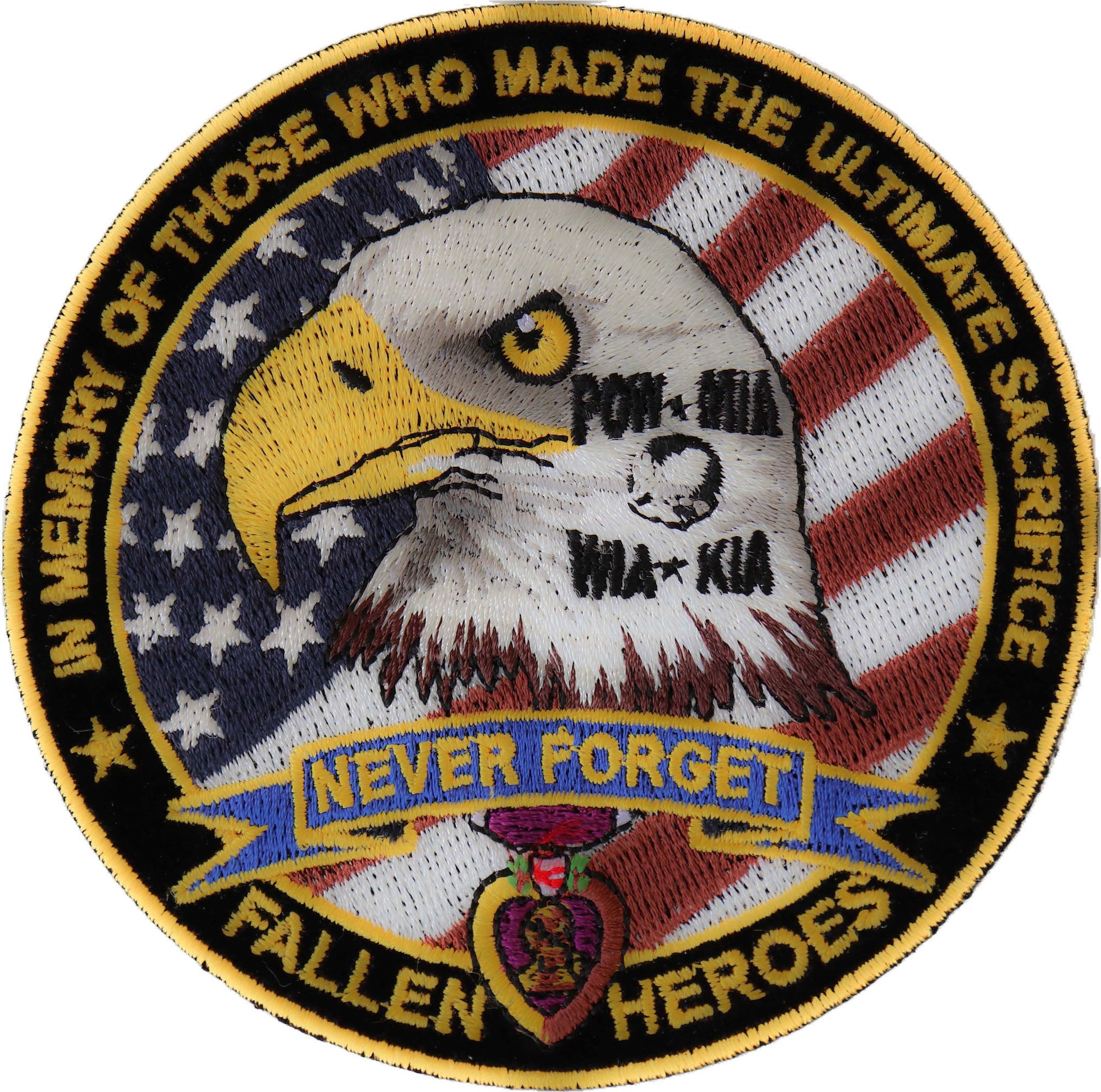 Patch, Embroidered Patch (Iron-On or Sew-On), Fallen Hero's POW MIA WIA KIA Memorial Patch, Military Guns Patriot, Memory Of Fallen , 4" x 4"