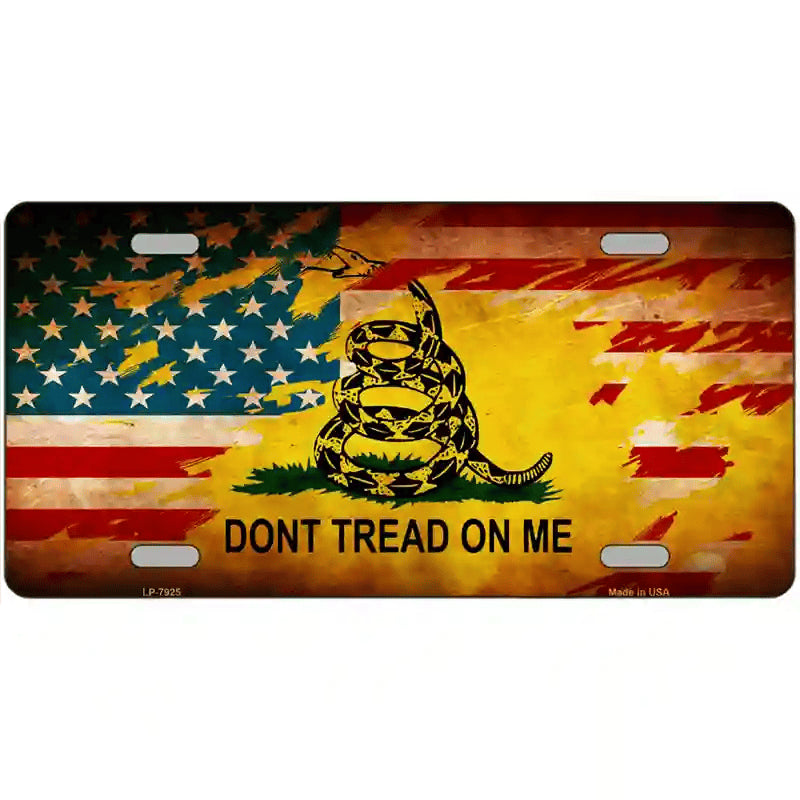 License Plate, Metal Vanity Tag Cover, Don’t Tread On Me USA Flag Novelty 12"x6"