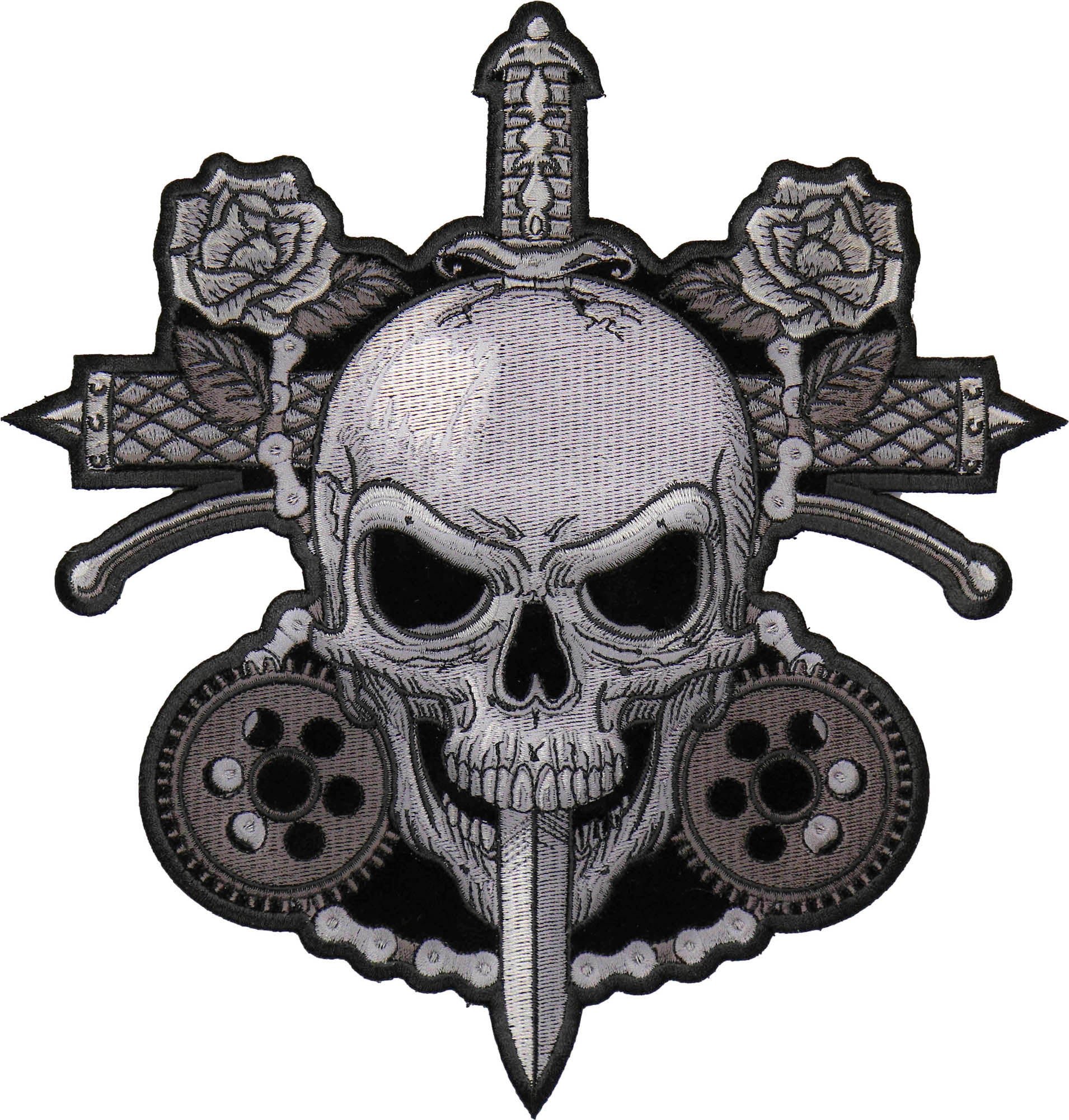 Large Back Patch, Embroidered Patch (Iron-On or Sew-On), Skull And Roses Large Back Patch, 9.6" x 10"