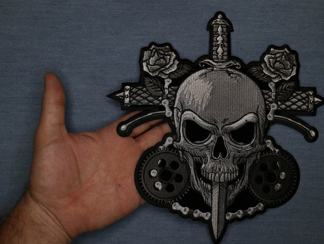 Large Back Patch, Embroidered Patch (Iron-On or Sew-On), Skull And Roses Large Back Patch, 9.6" x 10"