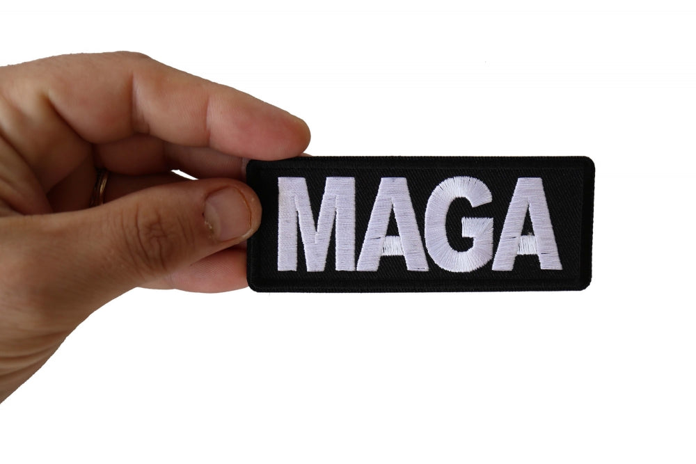 Patch, Embroidered Patch (Iron-On or Sew-On), MAGA Trump Make America Great Again (White On Black), 4" x 1.5"