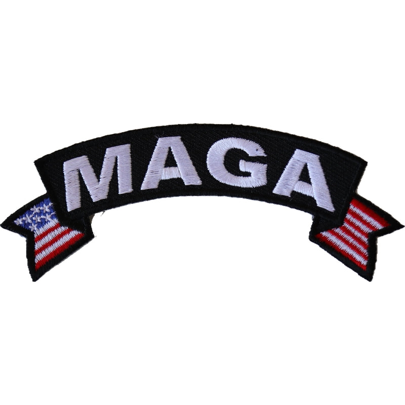 Patch, Small Embroidered Rocker (Iron-On or Sew-On), MAGA Trump 2024 Make America Great Again United States Flags, 4" x 1.5" Arch