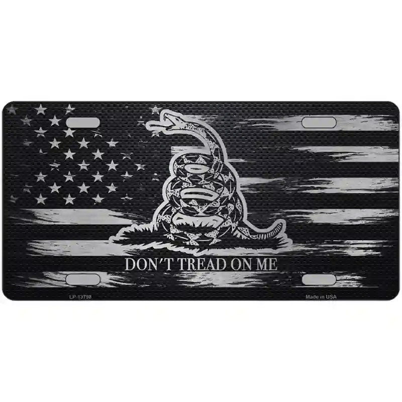 License Plate, Metal Vanity Tag Cover, Don’t Tread On Me Distressed Carbon Fiber Flag Novelty 12"x6"