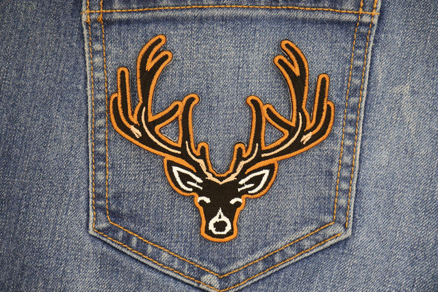 Patch, Embroidered Patch (Iron-On or Sew-On), Black and Brown Deer Head Patch, Hunter, Buck, 4" x 3.7"