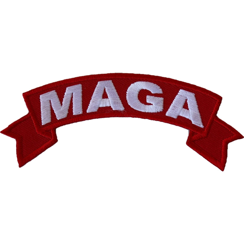 Patch, Small Embroidered Rocker (Iron-On or Sew-On), MAGA Trump 2024 Make America Great Again White on Red, 4" x 1.5" Arch