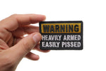 Patch (Iron-On/Sew-On) Warning Heavily Armed Easily Pissed Funny Iron on Patch, Guns, Humor, Funny 3"x1.5"