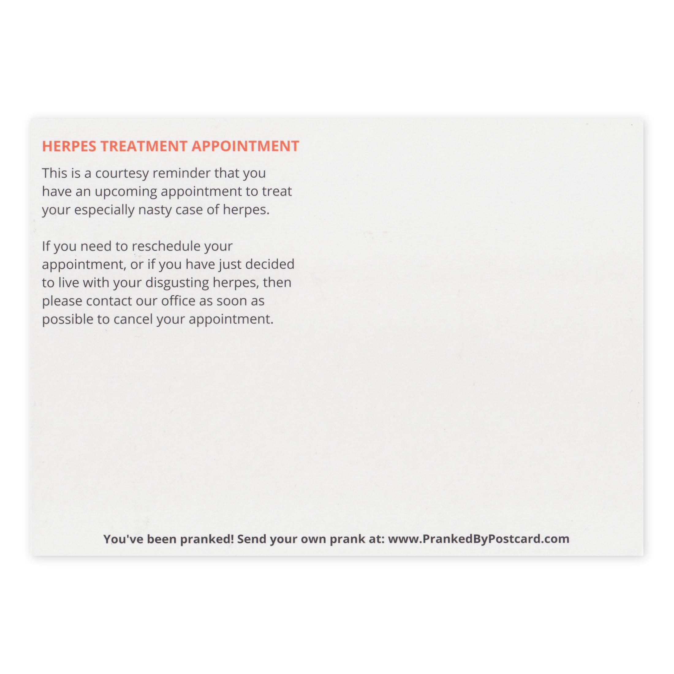 Prank Postcards (25-Pack, Herpes Treatment Appointment) - Back