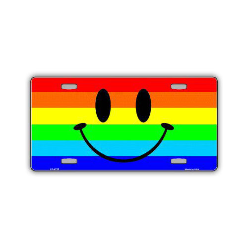 License Plate, Metal Vanity Tag Cover, Rainbow Pride Flag Smiley Face, 12