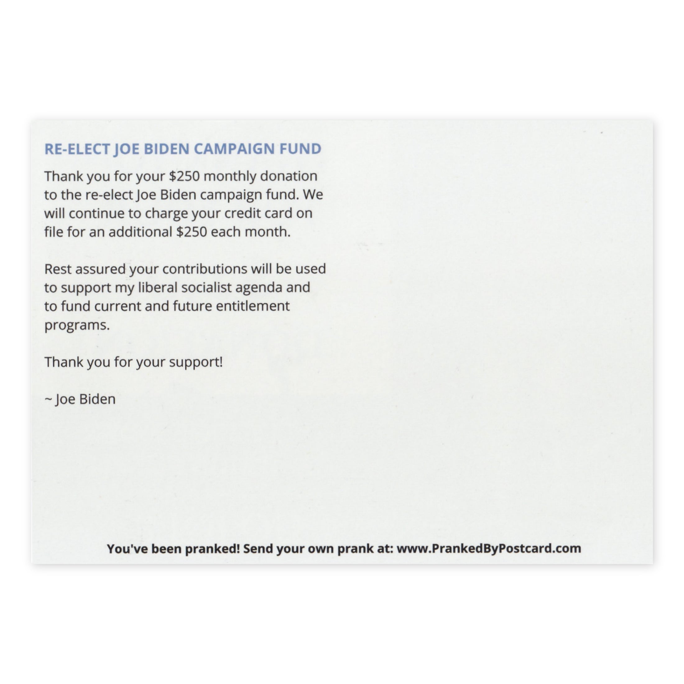 Prank Postcards (10-Pack, Joe Biden Donation) - Back