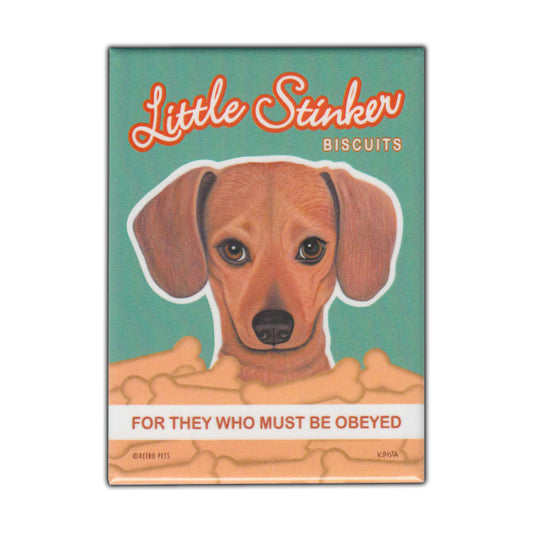 Magnet, Refrigerator Magnet, Little Stinker Biscuits, Dachshund Dog, Vintage Advertising Art, 2.5