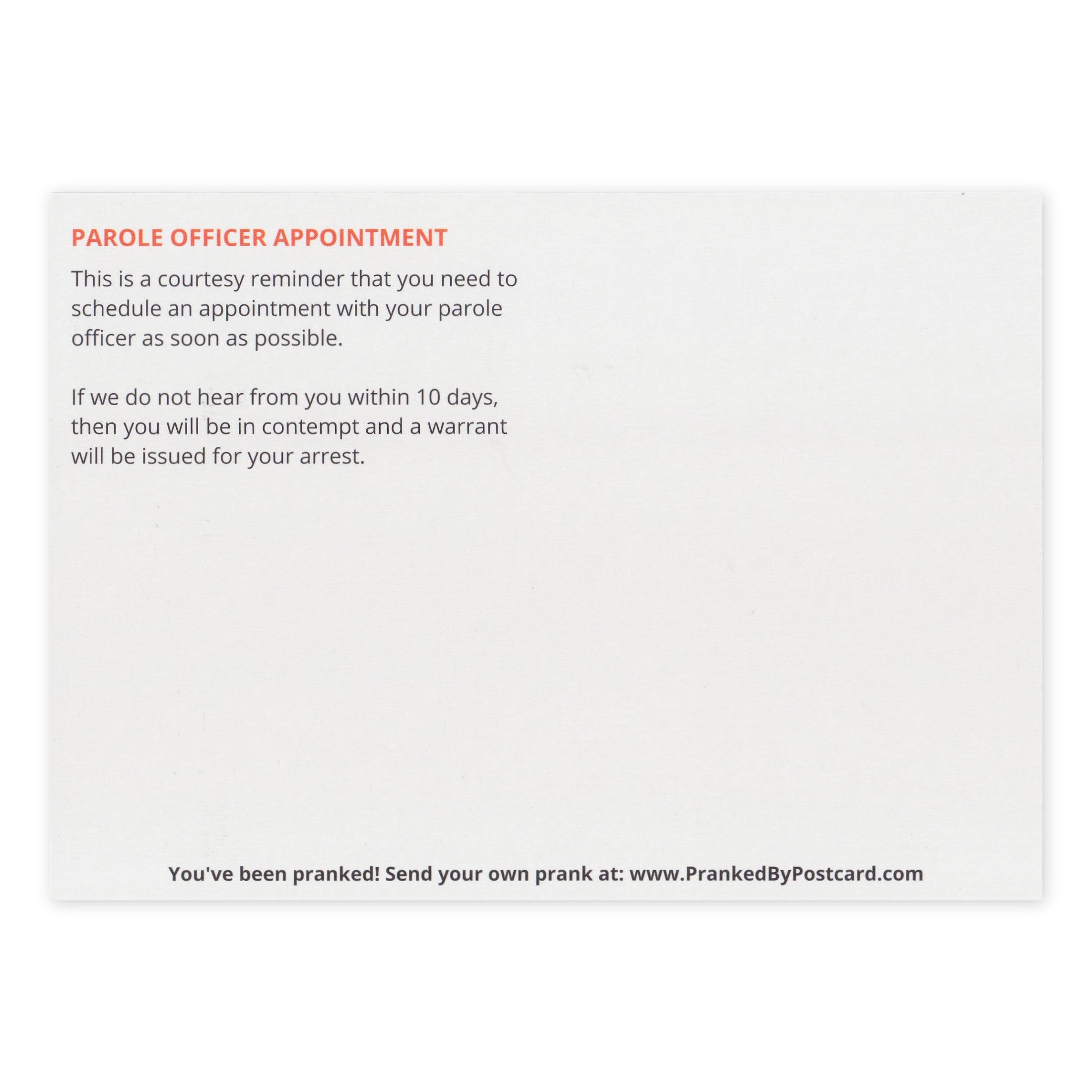 Prank Postcards (10-Pack, Parole Officer Appointment) - Back