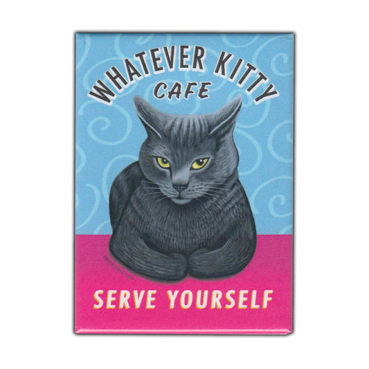Magnet, Refrigerator Magnet, Whatever Kitty Cafe, Grey Cat, Vintage Advertising Art, 2.5