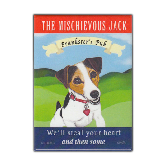 Magnet, Refrigerator Magnet, The Mischievous Jack Pub, Jack Russell Terrier Dog, Vintage Advertising Art, 2.5