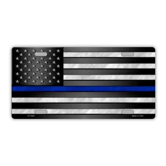 License Plate, Metal Vanity Tag Cover, United States Flag Thin Blue Line, Police, 12